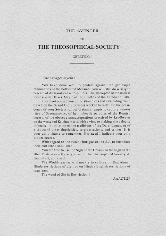 Original scan of Avenger to the Theosophical Society, PDF page 1