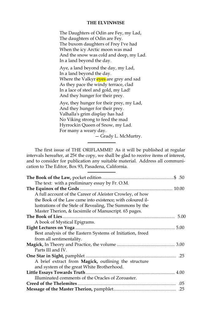 Original scan of The Oriflamme, Vol. I, No. I, PDF page 7