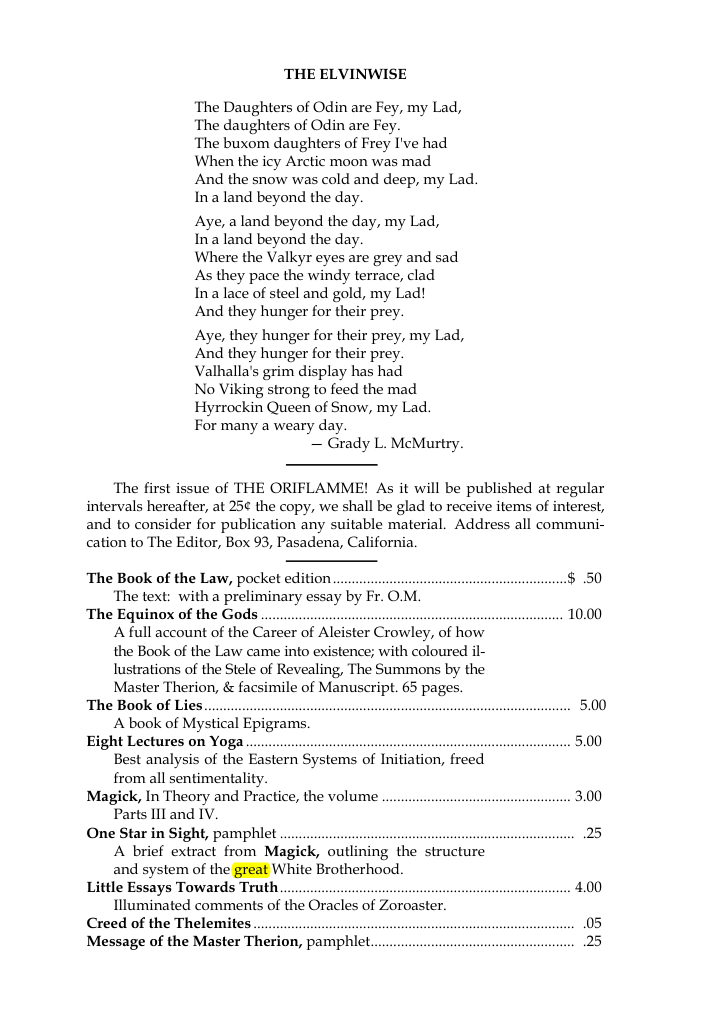 Original scan of The Oriflamme, Vol. I, No. I, PDF page 7