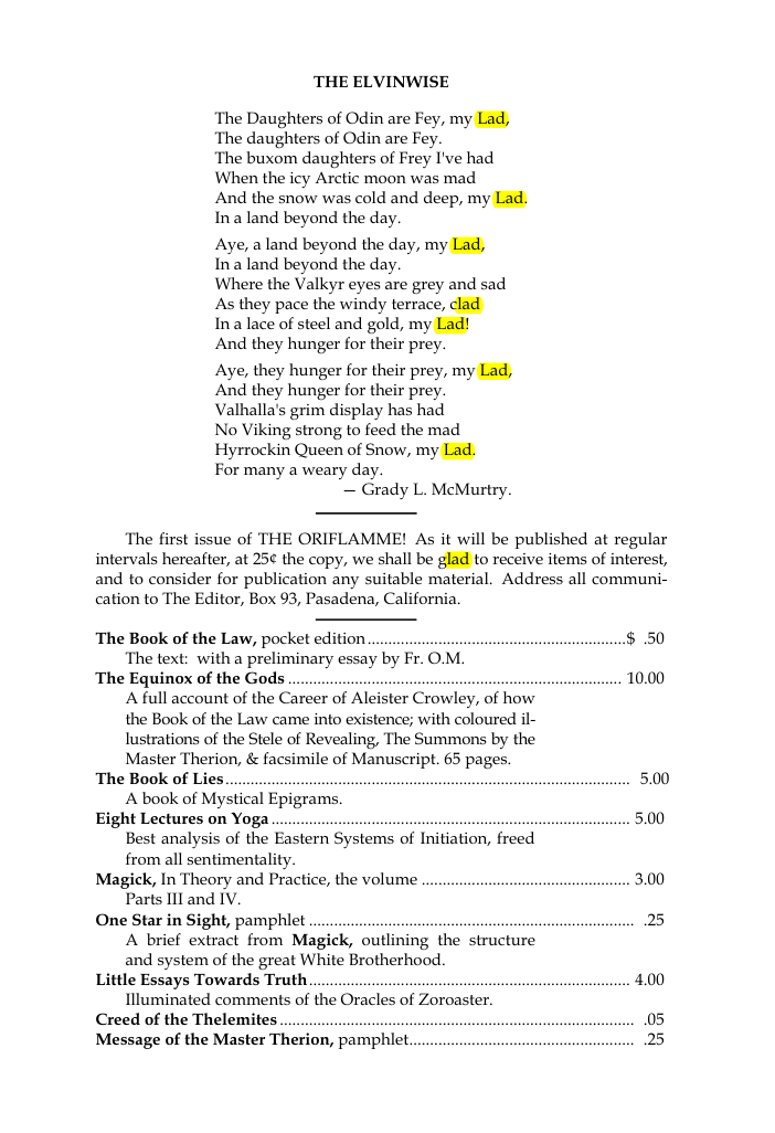 Original scan of The Oriflamme, Vol. I, No. I, PDF page 7