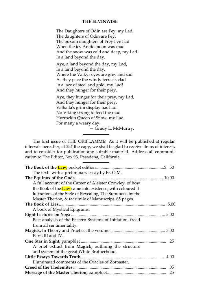Original scan of The Oriflamme, Vol. I, No. I, PDF page 7