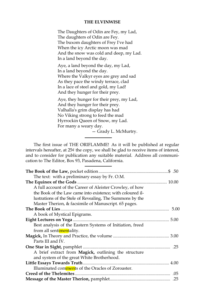 Original scan of The Oriflamme, Vol. I, No. I, PDF page 7