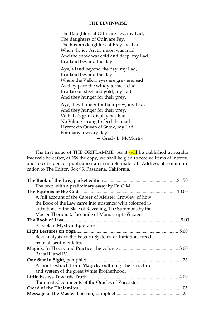 Original scan of The Oriflamme, Vol. I, No. I, PDF page 7