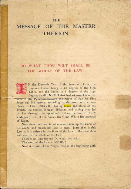 Original scan of The Message of the Master Therion, PDF page 1