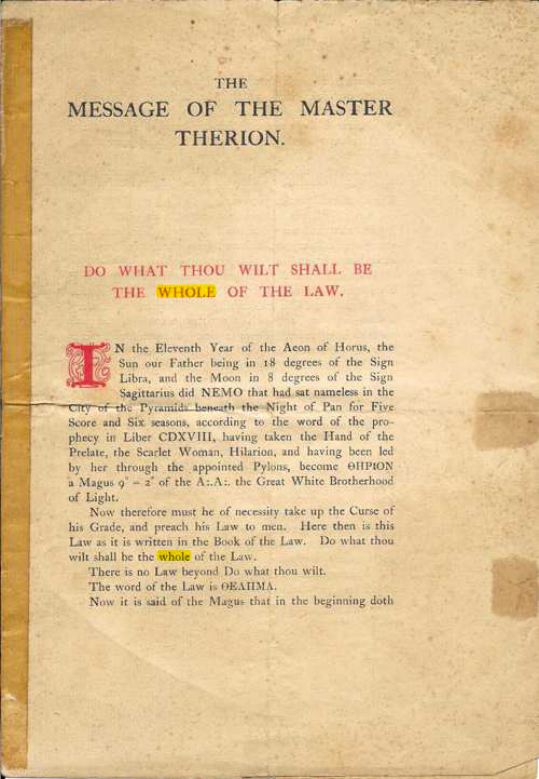 Original scan of The Message of the Master Therion, PDF page 1